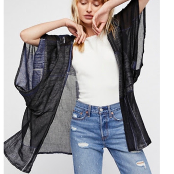 Free People High Tide Patchwork Kimono Navy/Black One Size - Picture 1 of 3